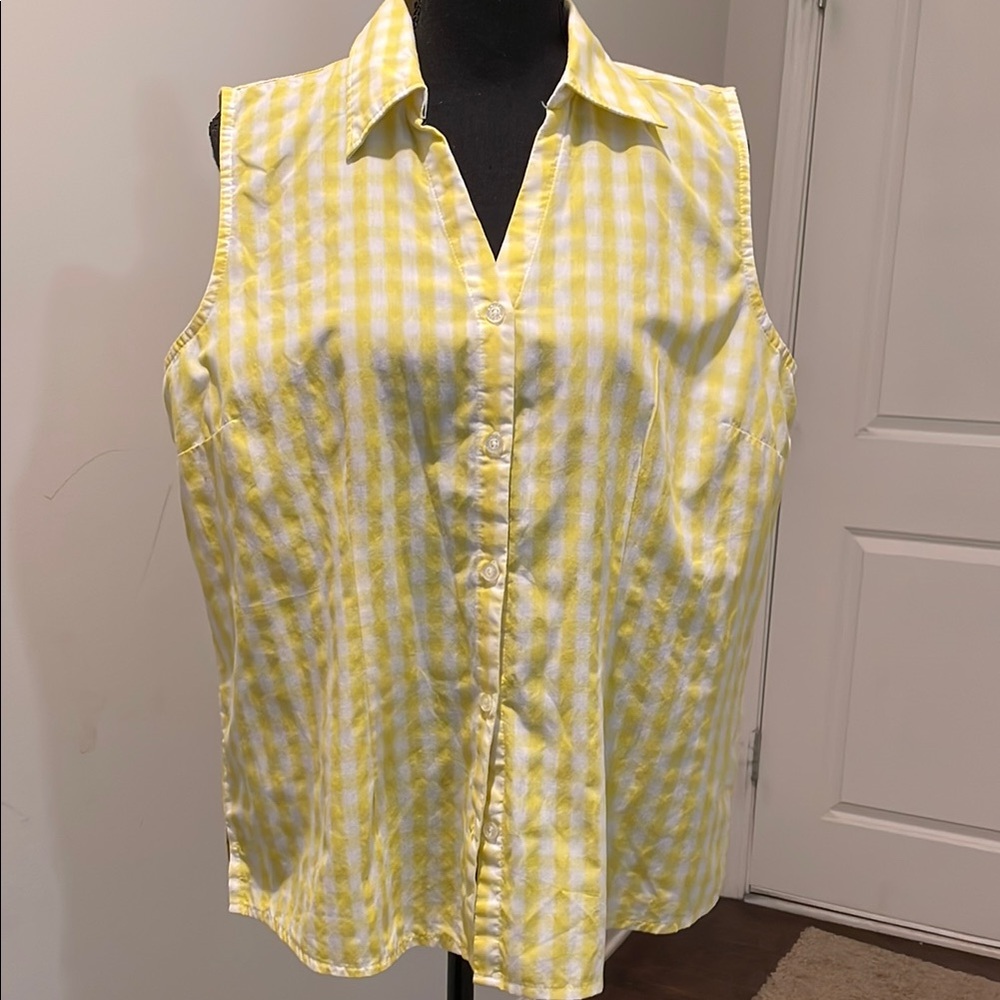 Laura Scott Summer Blouse Size L Yellow Gingham Classic Sleeveless